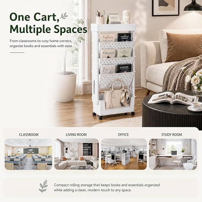 BYFU 5-Tier Movable Bookshelf Cart, Rolling File Paper Storage Organizer Mobile Bookcase with Wheels for Home Office Study Classroom, White - Image 6