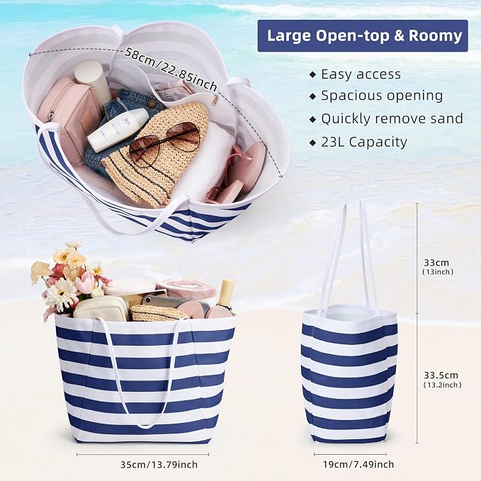 KALIDI Beach Tote Bag Women Large Waterproof Sandproof Shoulder Handbags | Foldable Grocery Bag Striped Pool Bag Lightweight Travel Purse for Picnic Travel Vacation Casual Errands Everyday Daily - Image 6