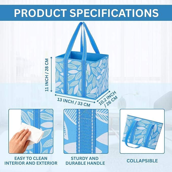 VENO 3 Pack Heavy Duty Reusable Grocery Shopping Bags Utility Tote | Water Resistant, Storage Box with Sturdy Handles & Hard Bottom, Foldable for Groceries Shopping Cart(Spring Breeze, 6 Gallon) - Image 2
