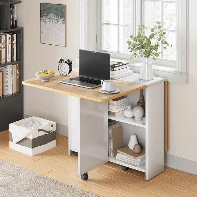 IDEALHOUSE FoldingTable, Drop Leaf Dining Table with 6 Wheels and 2-Layer Storage Shelf, Space Saving Table for Small Spaces (Natural Wood, 47.2" D x 23.6" W x 29.5" H) - Image 5