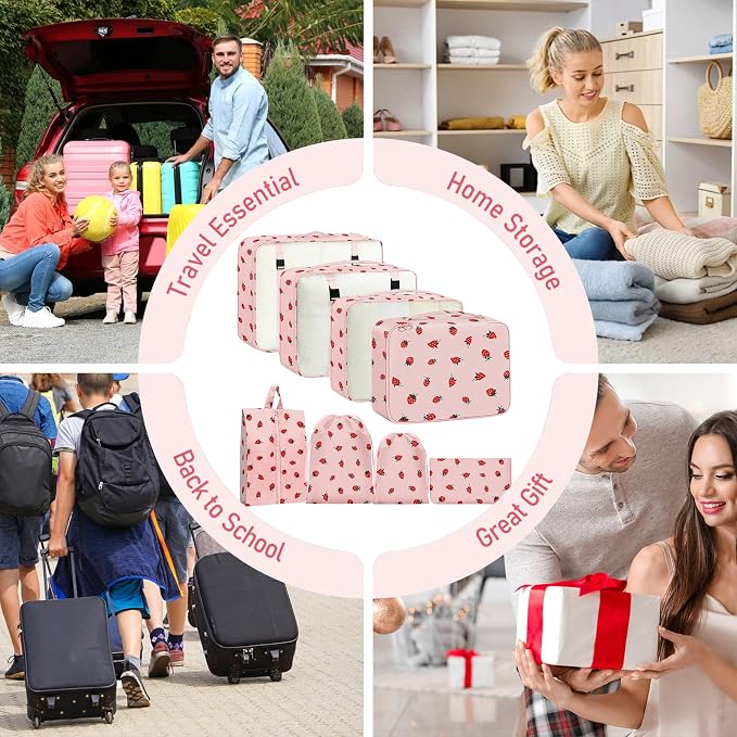 Packing Cubes for Travel - 8 Set Luggage Organizer Bags for Family, Mesh Breathable Packing Cubes for Suitcases Durable Travel Essentials Bags Set (Pink Strawberry) - Image 7