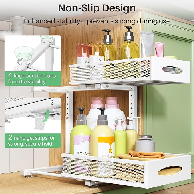 Under Sink Organizer, 2 Tier Pull out Cabinet Organizer Baskets with Mesh Sliding Drawers, Slide out Storage Shelf for Home, Kitchen, Bathroom, Pantry, Office Cabinet(1 Pack, White) - Image 6