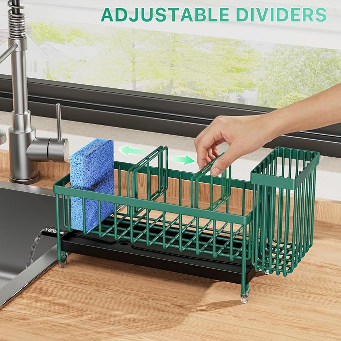 Cisily Sponge Holder for Kitchen Sink, Sink Caddy Organizer with High Brush Holder, Kitchen Countertop Organizers and Storage Essentials, Rustproof 304 Stainless Steel (Dark Green, 9.25″) - Image 5