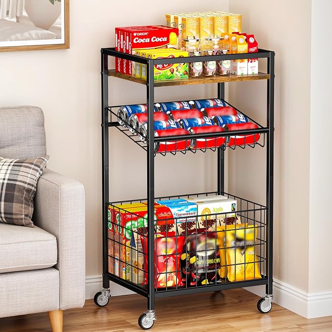 Fruit Vegetable Cart, 3-Tier Snack Cart on Wheels & Wood Top, Brown | Vegetable Rack For Kitchen, Kitchen Cart Organizer for Fruit, Vegetables, Potato, Snack - Image 7