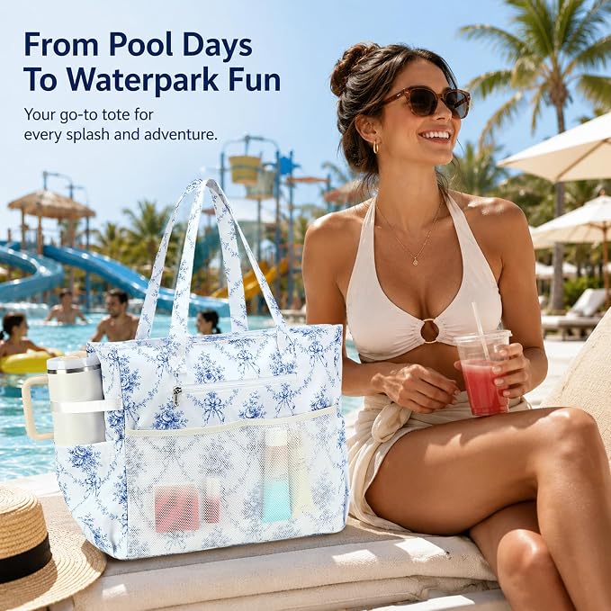 LEDAOU Beach Bag Waterproof Sandproof Women Beach Tote Pool Bag with Zipper for Swim Gym Grocery Travel with Wet Pocket | Sandproof - Image 4
