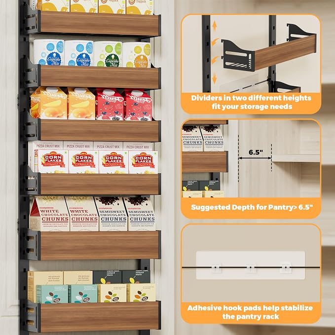 8-Tier Pantry Door Organizer, Over the Door Pantry Organizer with Wooden Adjustable Baskets, 2 IN 1 Spice Rack Wall Mount or Door Organizer, Door Spice Rack（12.4"W x 5.5"D x 66.1"H,1 Pack, Black) - Image 3