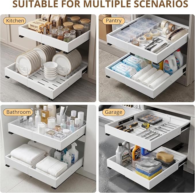 DOMNIU 2 Pack Pull Out Cabinet Organizers Width(12"-19"), Depth(17"-23") | Slide Out Drawers, Upgrade 3 Slide Rails Sliding Drawer for Kitchen Cabinet Organizer, White - Image 6
