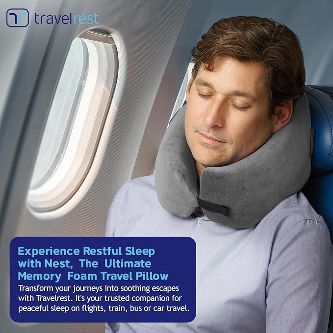 TRAVELREST Nest Neck Pillow Travel Essentials - Memory Foam Support - Grey | Breathable, Compact, Soft and Comfortable Design, Head & Shoulder Support For Long Flight Travel, Lightweight Washable Cover - Image 5