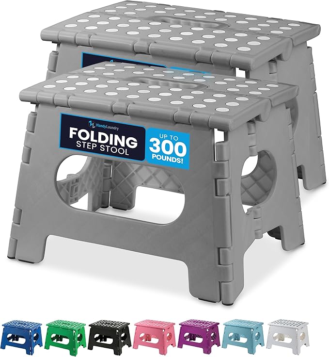 Handy Laundry Folding Step Stool 9 Inch 2-Pack, Grey, Holds 300 lbs | 2-Pack, 9 Inch, Grey, Foldable Collapsible Step Stool, Non-Slip, Holds 300 lbs, Kitchen Bathroom Bedroom, Adults by Handy+Laundry