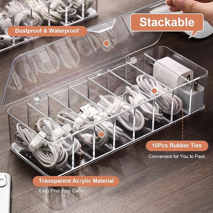 Cable Organizer Storage Box Plastic Cable Cord Management Box Power Cord Organizer Case with 10Pcs Rubber Ties for Office, Home, Desk Accessories Storage Stationery Supplies - Image 2