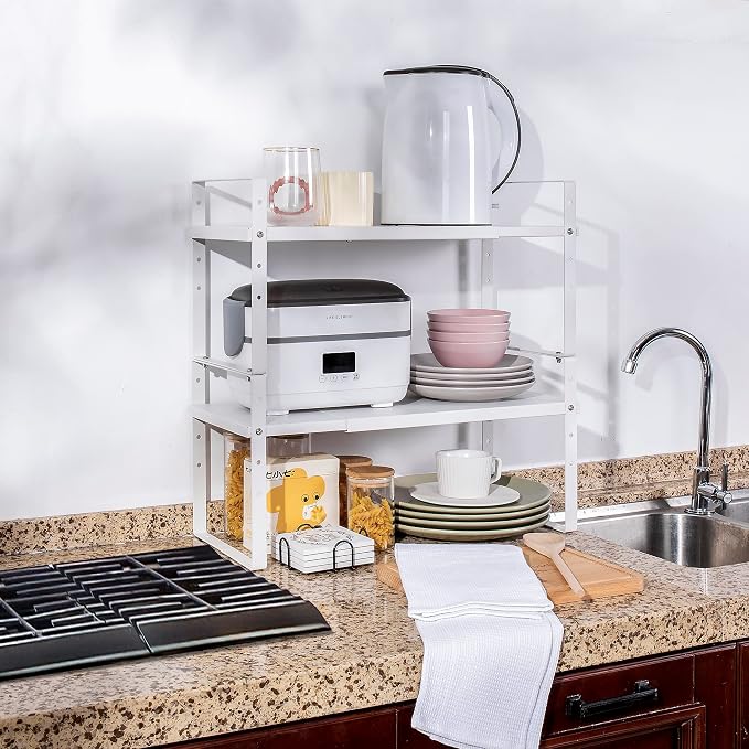 Across-Star Expandable Cabinet Shelf Organizer Rack, Stackable Kitchen Counter Storage Shelves Stand, Adjustable Height Pantry Shelf Spice Rack (White, 2 Pack) - Image 7