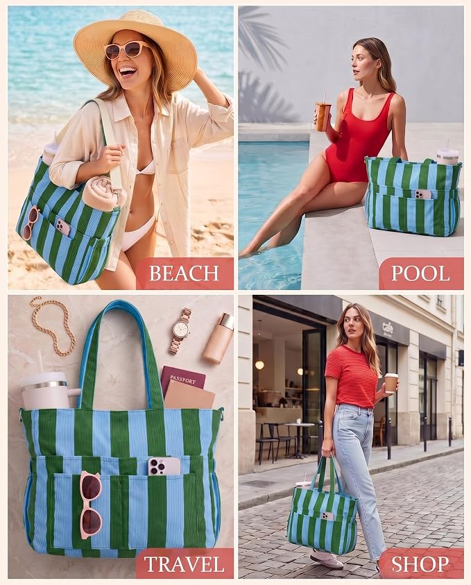 Kacctyen Striped Beach Tote Bag for Women Large Beach Foldable Tote Bag with Zipper Pockets for Travel Pool - Image 7