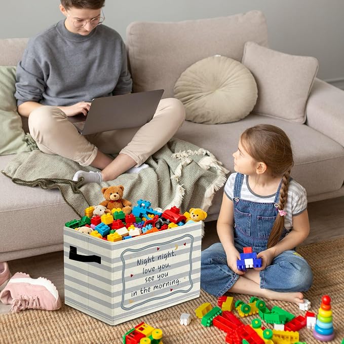 Heartwarming Sweet Night Storage Bins Box with Handles Organizer Basket | calming minimalist foldable basket for organizing, striped collapsible toys clothes for playroom nursery bedroom, 10x14 in - Image 4