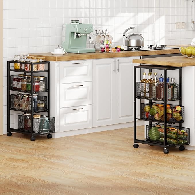 4 Tier Narrow Kitchen Rolling Cart, 9.1" Wide Slim Kitchen Storage Cart with Pull-Out Baskets, Adjust Pantry Organizer and Storage Cart with Wheels, Multifunctional Fruit Vegetable Spice Storage Cart - Image 6