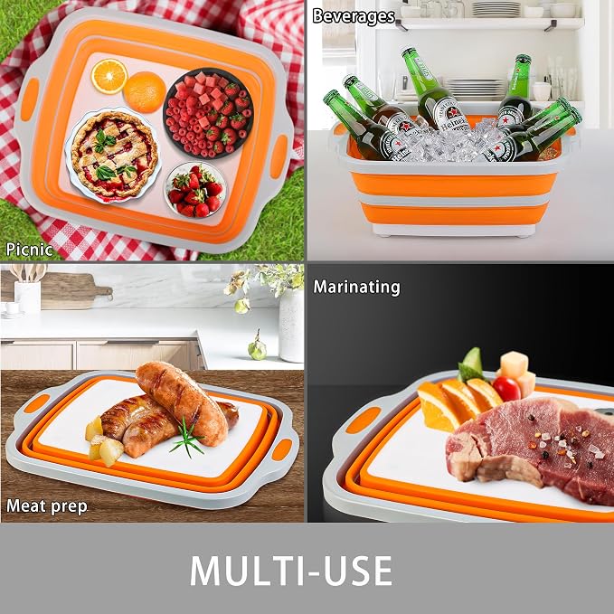 Collapsible Cutting Board with Container, Foldable Camping Sink with Colander, BBQ Prep Tub with Lid, Multifunction Dish Basin for Kitchen, Bowl, Vegetable and Fruit, 2.11 Gal/8L Storage Basket - Image 5