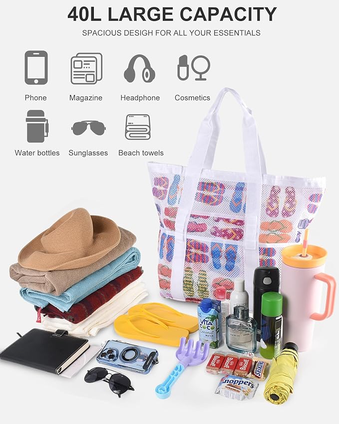 Genteen 40L Mesh Beach Bag, Foldable Sandproof Tote with Waterproof Pocket Quick Dry for Women Family Pool Vacation - Image 7