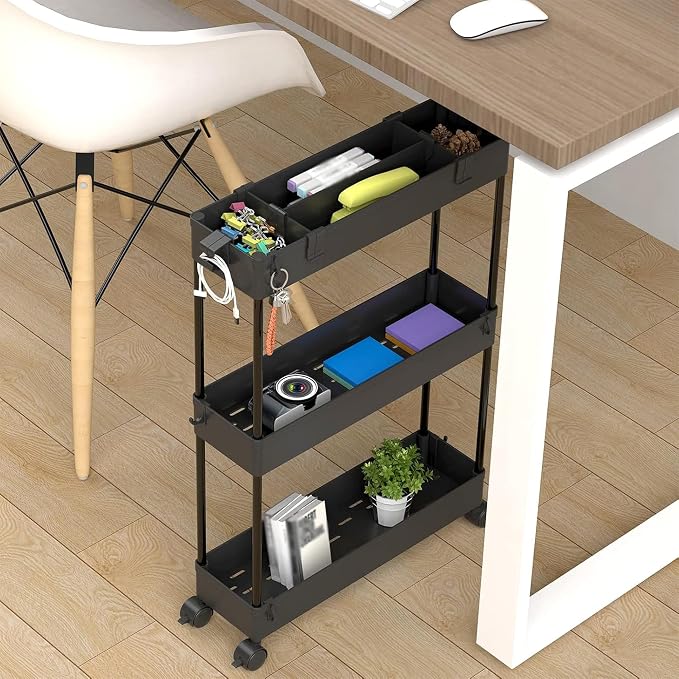 2-piece Set Slim Storage Cart 3 Tier,Bathroom Organizer Rolling Utility,Mobile Shelving Unit Slide Out for Office, Kitchen, Laundry Room & Narrow Places - Image 7
