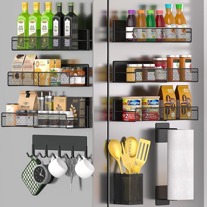 Magnetic Spice Rack for Refrigerator, 10 Pack 100% Metal Strong Magnet Shelf, Moveable Spice Organizer W/ Adjustable Paper Towel Holder, Hook Rack & Utensil Caddy, Home Kitchen Laundry Storage, Black by DTUQYX
