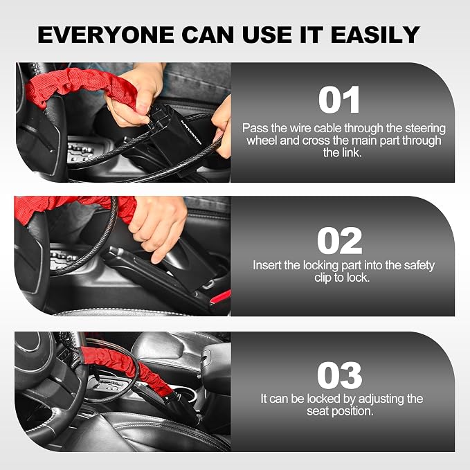 KAYCENTOP Steering Wheel Lock to Seat Belt Lock Anti-Theft Car Device | Max 17'' Locking Length, Quick Lock and Compact, Security Thicken Steel Cable, Fit Most Vehicle, SUV, Golf Cart, Bright Red - Image 3