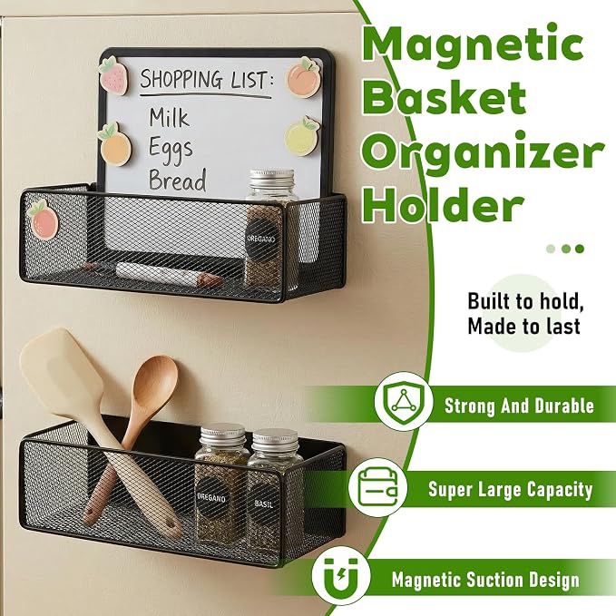 2 Pcs Magnetic Basket For Fridge | Kitchen Magnetic Storage Bin Box Containers Locker Organizer for Pegboard Refrigerator Kitchen Home Whiteboard(Black) - Image 4