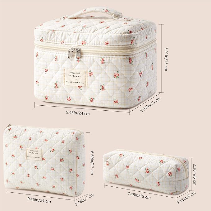 HBselect Quilted Makeup Bag, 3Pcs Cotton Large Travel Makeup Bags Organizer | Cute Floral Make up Bag Cosmetic Bag Toiletry Bag for Women Girls, Makeup Pouch for Skincare, Brushes & Travel Essentials - Image 5