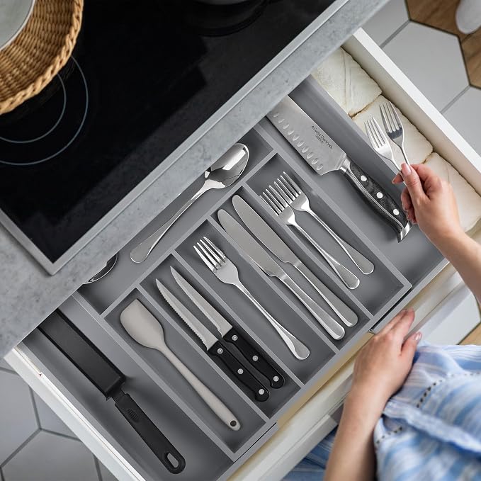 Large Premium Bamboo Silverware Organizer - Expandable Drawer Organizer & Utensil Organizer - 17"x19.7" Cutlery Tray with Dividers for Kitchen Utensils and Flatware (7-9 Slots) (Grey) - Image 8
