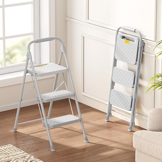 KINGRACK 3 Step Ladder, Folding Step Stool with Safety Lock & Sturdy Anti-Slip Pedals, Pass 800lbs Load Testing, Lightweight, Portable Steel Ladder with Handrails for Home, Kitchen, Garage, Office - Image 9
