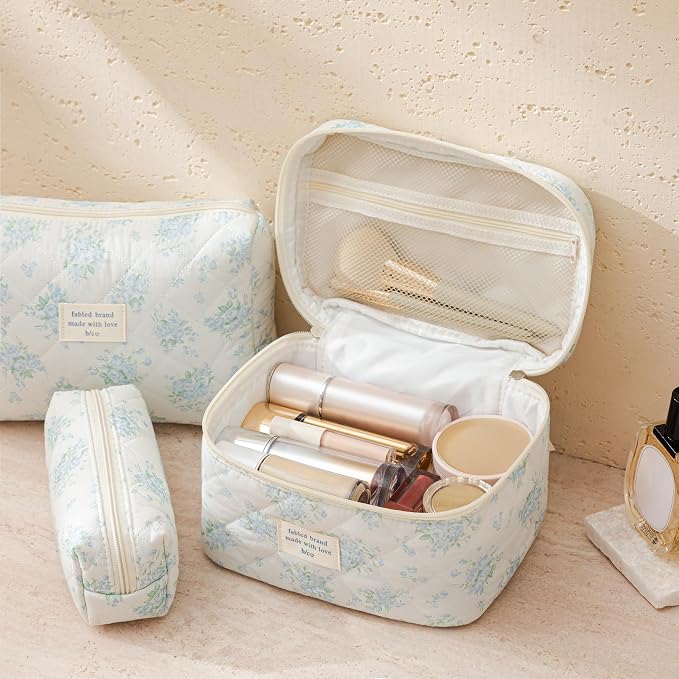 HBselect Quilted Makeup Bag, 3Pcs Cotton Large Travel Makeup Bags Organizer | Cute Floral Make up Bag Cosmetic Bag Toiletry Bag for Women Girls, Makeup Pouch for Skincare, Brushes & Travel Essentials - Image 2