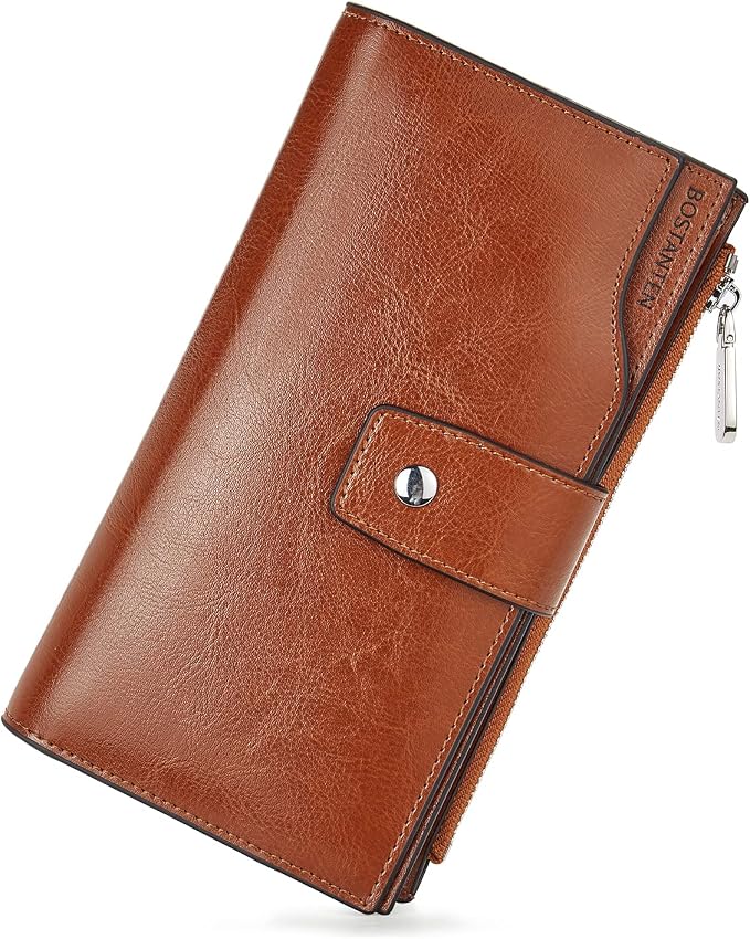 BOSTANTEN Womens Leather Wallet RFID Large Capacity Credit Card Holder | 20 Card Slots, Phone Holder, Zipper Coin Pocket, Clutch Wallet, Long Bifold, Ladies Gifts, Brown Orange by BOSTANTEN