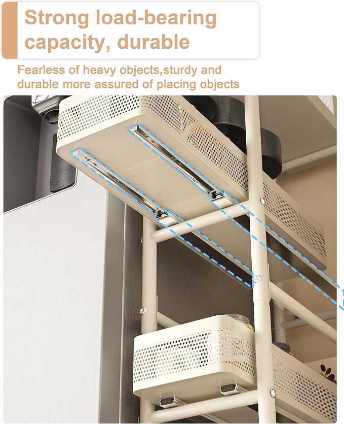 UMDONX 4-Tier Narrow Mobile Storage Cart with Pull-Out Baskets | The Multifunctional Pull-out Storage Rack Is Suitable for Bathrooms, Kitchens, and Laundry Rooms - Image 4