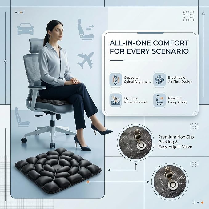 Inflatable Seat Cushion, Donut Cushion for Office Chair, Car & Wheelchair, Ergonomic Pressure Relief for Tailbone & Sciatica, Adjustable Firmness, Non-Slip Seat Pad for Long Sitting - Image 5