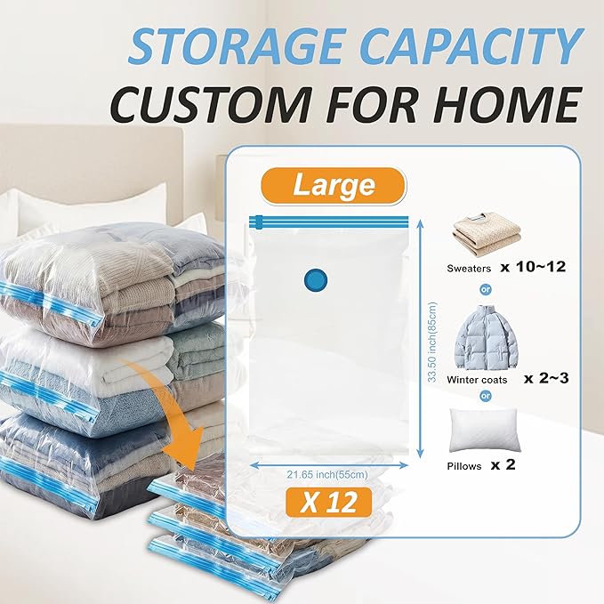 Cozy Essential Vacuum Storage Bags, 80% Compression Vacuum Seal Space Saver Plastic Packaging Bags for Clothes, Blankets, Pillow, Bedding, Comforters, Sealer Clothing Storage,12 Large - Image 3
