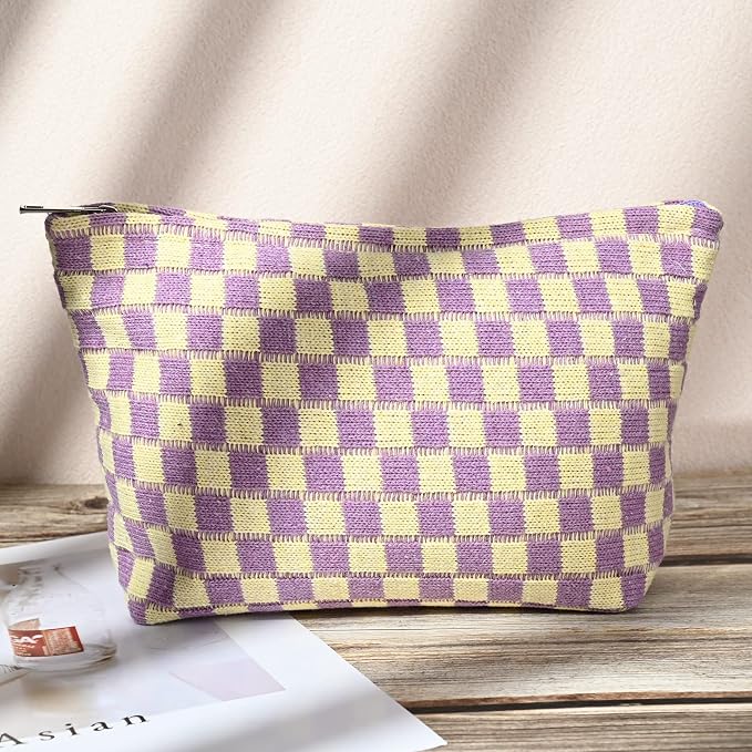 SOIDRAM 2 Pieces Makeup Bag Large Checkered Cosmetic Bag Capacity Canvas Travel Toiletry Bag Organizer Cute Makeup Brushes Aesthetic Accessories Storage Bag for Women,Checkered L Purple Light blue - Image 6
