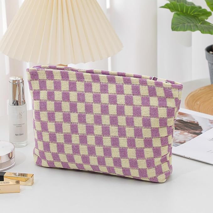 Cosmetic Bags for Women - Corduroy Cosmetic Bag Aesthetic Women Handbags Purses Smile Dots Makeup Organizer Storage Makeup Bag Girls Case Bags (Q-Checkered purple) - Image 3