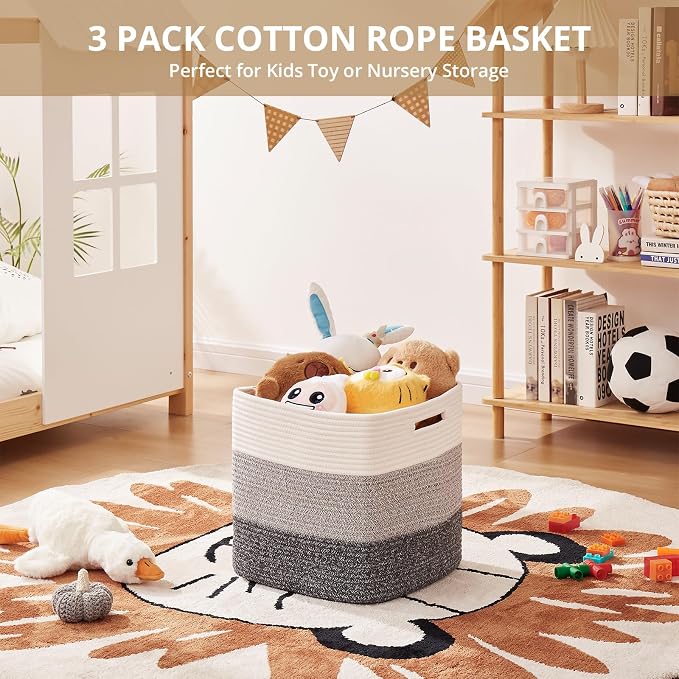 OIAHOMY 13 Inch Cube Storage Bins, 3-Pack Cotton Rope Woven Baskets for Organizing, Insert Storage Baskets for Shelves, Baby Nursery, Closet Organizer, 13 * 13 * 12.6IN, Gradient Gray - Image 4