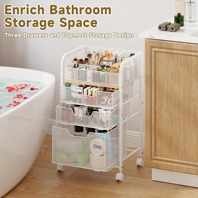 Jakyitvi Makeup Cart Organizer with 3 Drawers, Under Desk Storage Drawers,Floor Skincare & Makeup Organizer, Vanity Storage for Cosmetics, Nail Polish, Perfume, Makeup Brushes, Hair Tools, White - Image 9