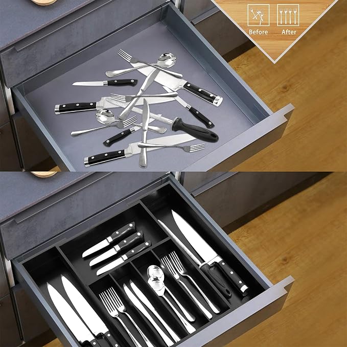 VaeFae Bamboo Drawer Organizer, Large, Black | Cutlery Drawer Holder, Drawer Divider for Silverware, Flatware，43 cm D x 32-55 cm W, 5-7 Slots, Black - Image 5