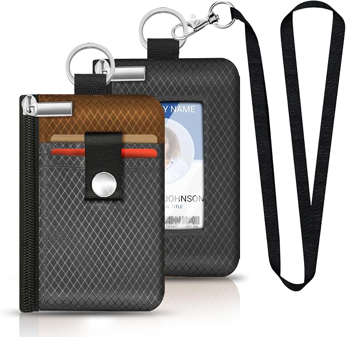 Minimalist RFID Blocking Small Wallet with ID Window,WaterResistant Zip Id Case Wallet with Lanyard Keychain for Cards,Cash,Travel,Women,Men（Drak Grey/Brown） - Image 5