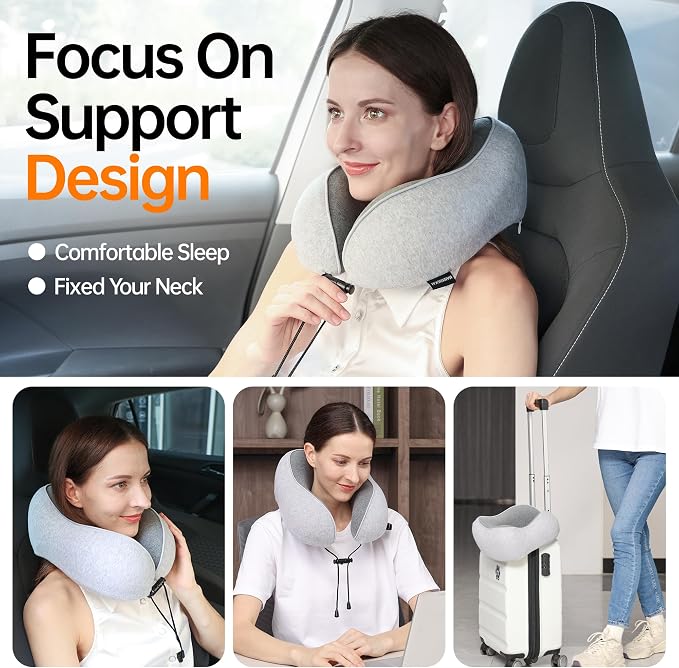 Travel Pillows for Airplanes,100% Pure Memory Foam Travel Neck Pillow | Washable Cotton Cover,Comes with 3D Eye Mask,Earplugs,Storage Bag,Ideal Travel Gift,Relieve Neck Pressure,Light Grey - Image 9