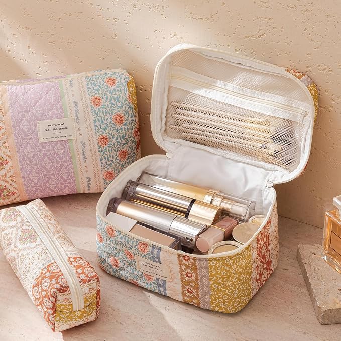 HBselect Quilted Makeup Bag, 3Pcs Cotton Large Travel Makeup Bags Organizer | Cute Floral Make up Bag Cosmetic Bag Toiletry Bag for Women Girls, Makeup Pouch for Skincare, Brushes & Travel Essentials - Image 3