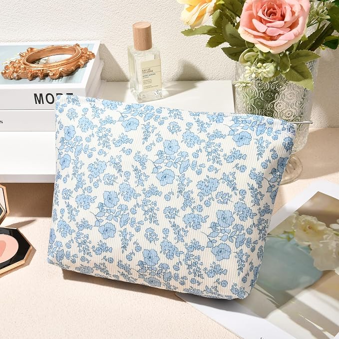 SOIDRAM 2 Pcs Makeup Bag Large Cosmetic Bag Toiletry Bag Makeup Pouch Travel Bag Organizer Cute Makeup Brushes Aesthetic Accessories Storage Bag for Women Blue Floral - Image 7