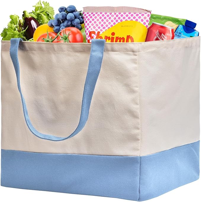 Reusable Grocery Bags Heavy Duty, 8.3 gal Foldable Large Canvas Tote Bag with Handles, Holds 60 lbs Canvas Shopping Bags, 1 Pack（Off White+Light Blue） by CNaiyunpin