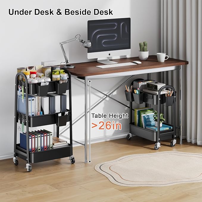 2 Tier Rolling Cart Metal on Wheels,Two Tiered Short Side Table with Wheels | Heavy Duty Under Desk Mobile Shelf Trolley, Small Utility Storage Carts Organizer for Craft, Art, Office,Kitchen,Black Basket - Image 4