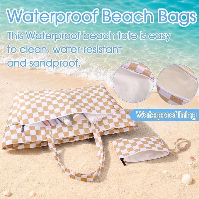 JATEBI Beach Bag with Makeup Pouch for Women | Waterproof Pool Tote Bags with Wet Compartment for Swim Shopping Travel, Zipper, Wet Compartment, 5 Pockets - Image 4