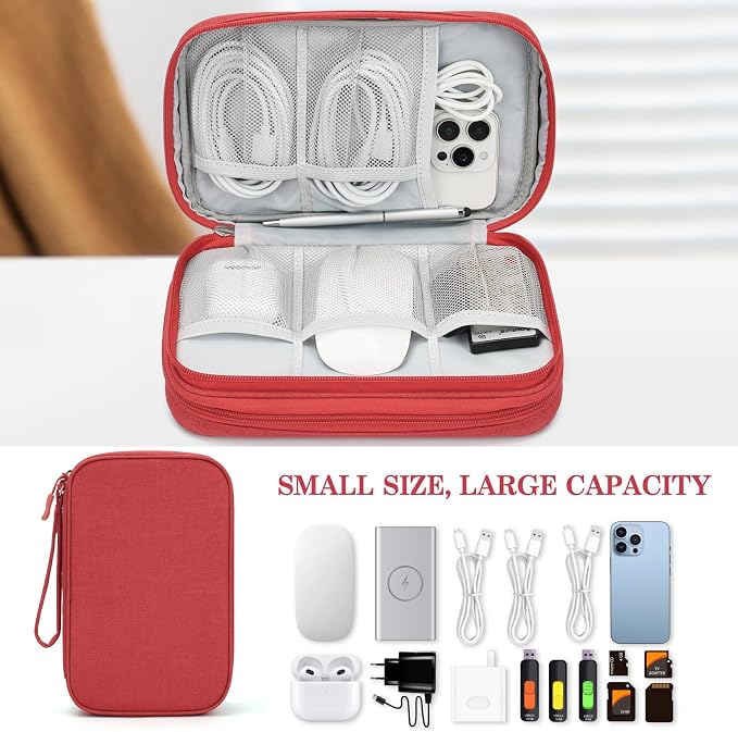 FYY Electronic Organizer, Travel Tech Pouch Bag, Large, Red | Wrist Strap, Waterproof, Double Layers Portable Electronics Travel Carrying Case for Cord, Charger, Daily Business Trips Use - Image 6
