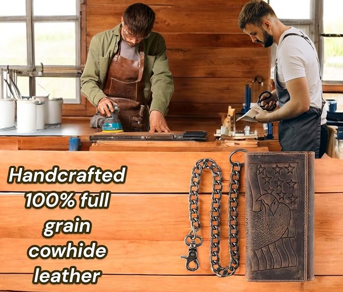 F&L CLASSIC RFID Blocking Mens Tri-fold Long Style Cowhide Leather Steel Chain Wallet,brown eagle/flag,212-101 - Image 6