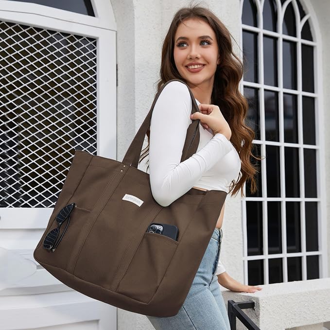 HOMESPON Large Canvas Tote Bag, Magnetic Work Laptop Pack for Women | Everything Bag, Multi Pockets, Internal Laptop Sleeve - Image 2