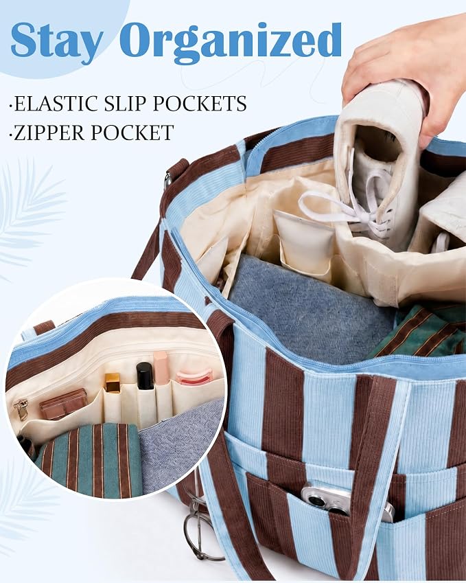 Kacctyen Striped Beach Tote Bag for Women Large Beach Foldable Tote Bag with Zipper Pockets for Travel Pool - Image 6