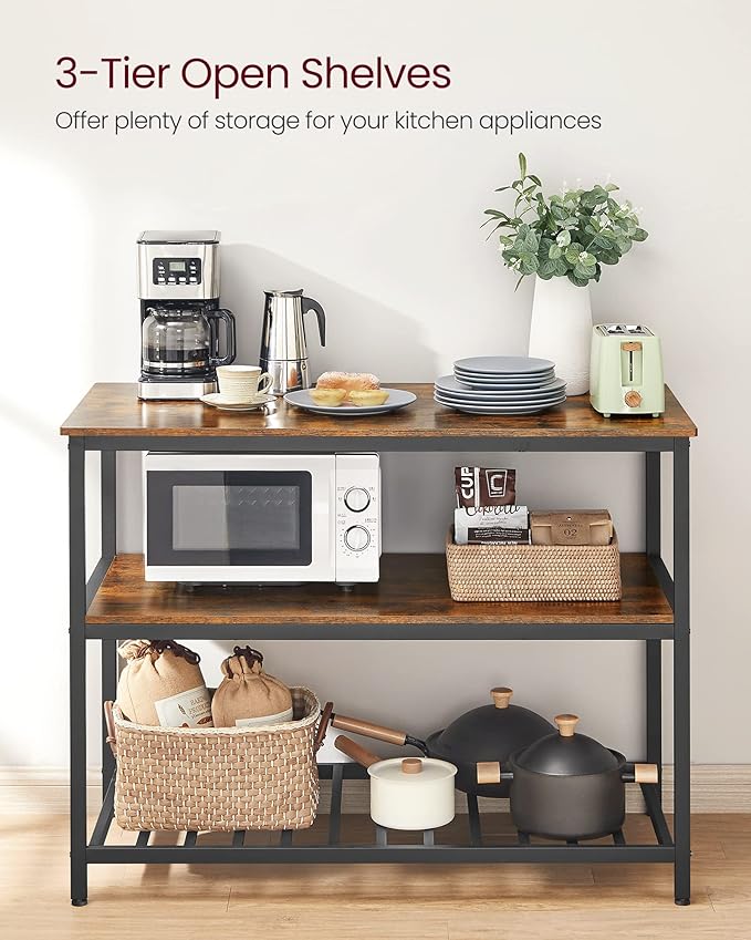 VASAGLE Kitchen Island with 3 Shelves, 47.2 Inches Width Kitchen Shelf with Large Worktop, Stable Steel Structure, Industrial, Easy to Assemble, Rustic Brown and Black UKKI01BX - Image 2