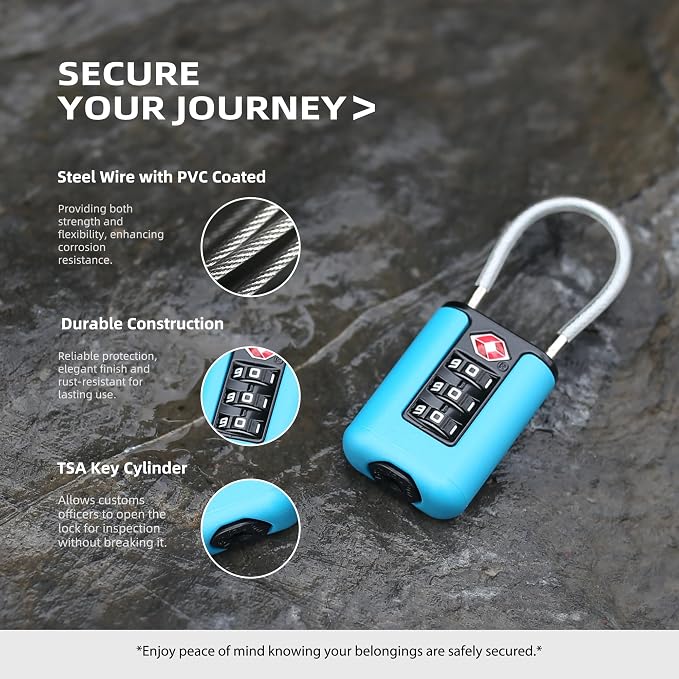 TSA Approved Luggage Locks, 3-Digit Waterproof Padlock, Combination Travel Cable Lock, Lockers, Suitcases, Toolboxes (Blue+Blue) - Image 5